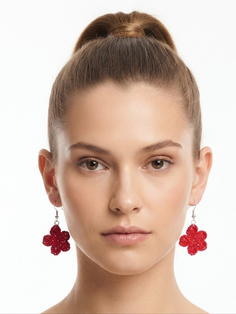 Handmade Red Crochet Flower Earrings Fall Christmas Holiday Gift 2" Drop Knitted